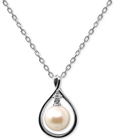 Cultured Freshwater Pearl (8mm) & Diamond Accent Orbital Teardrop 18" Pendant Necklace in Sterling Silver