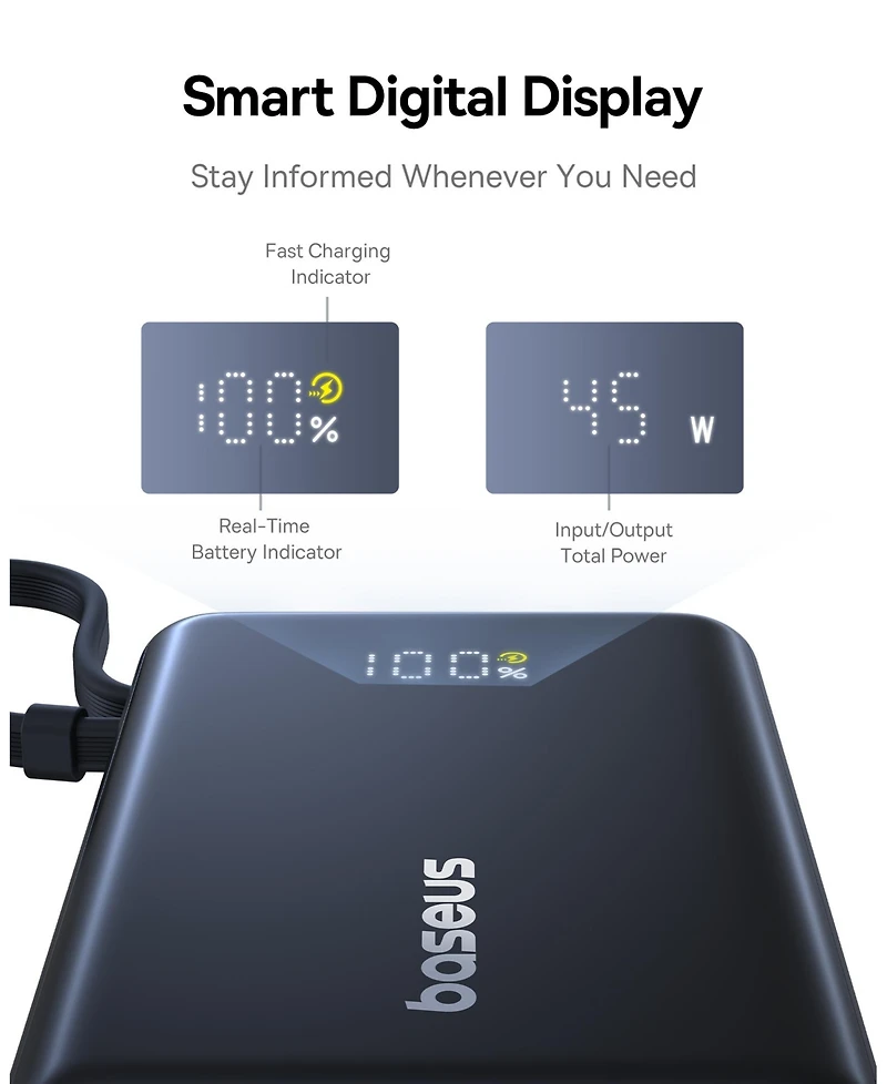 Baseus Power Bank, Picogo 10000mAh 45W 3-Output Portable Charger with Built-in Usb-c Cable, White