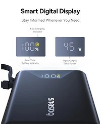 Baseus Power Bank, Picogo 10000mAh 45W 3-Output Portable Charger with Built-in Usb-c Cable, White