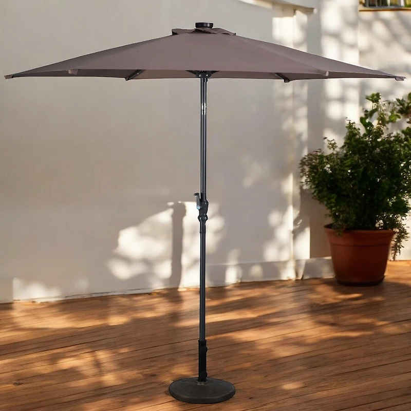 Slickblue Tan 9-Ft Patio Umbrella with Steel Pole Crank Tilt and Solar Led Lights