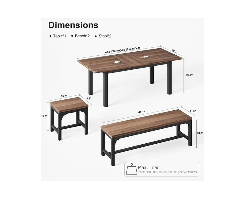 gaomon 5-Piece Dining Table Set for 4-6, 63" Extendable Dining Room Table Set for 4,Dining Table Set for 6 with Metal Frame,Kitchen Table & Chairs Set