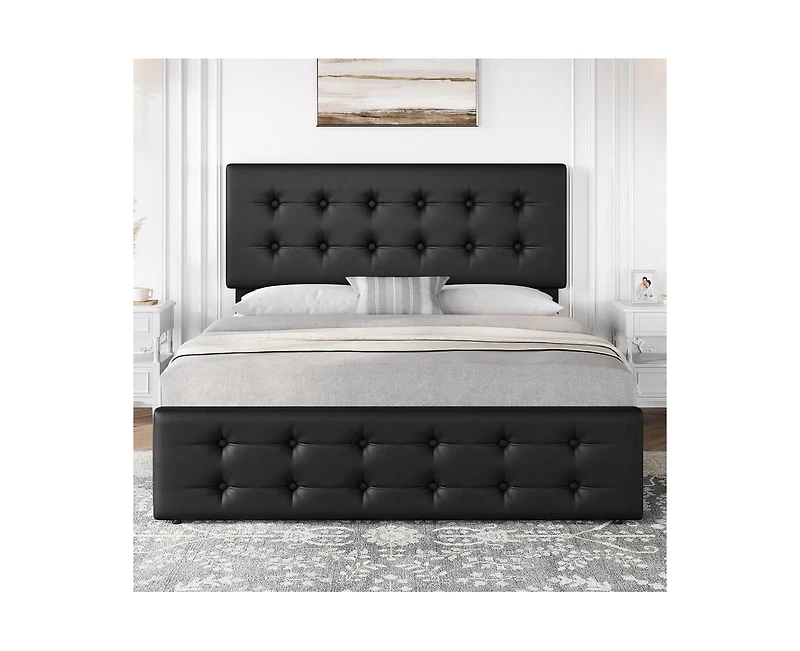 gaomon Queen Size Bed Frame with 4 Storage Drawers and Headboard, Faux Leather Upholstered Platform Bed Frame with Wooden Slats Support