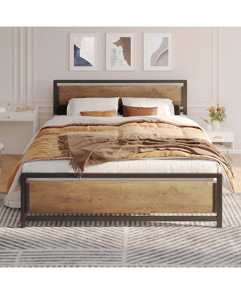 Slickblue Industrial Wood Platform Bed Frame with Headboard and Footboard for Modern Bedroom Decor