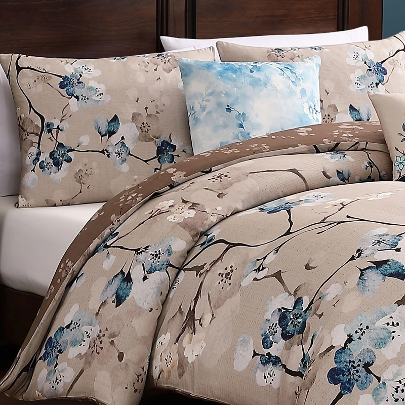 Bebejan Blue Blossom Bedding 220 Thread Count 100% Cotton Sateen 5 Piece King Size Reversible Comforter Set