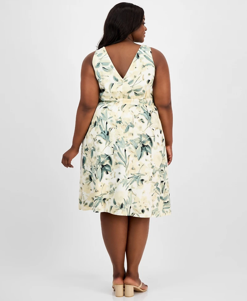 Anne Klein Plus Size Floral-Print Linen-Blend Fit & Flare Dress