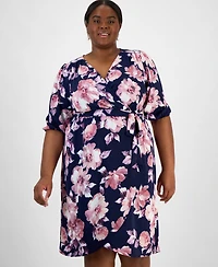 Connected Plus Printed Blouson-Sleeve Faux-Wrap Midi Dress