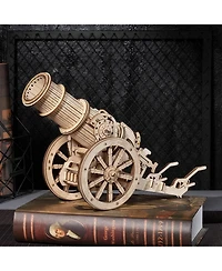 Robotime 3D Wooden Puzzle 158 Pieces Diy Model Toys Medieval Wheeled Cannon Brain Teaser, Beige, 12.6"5.1"8.3"