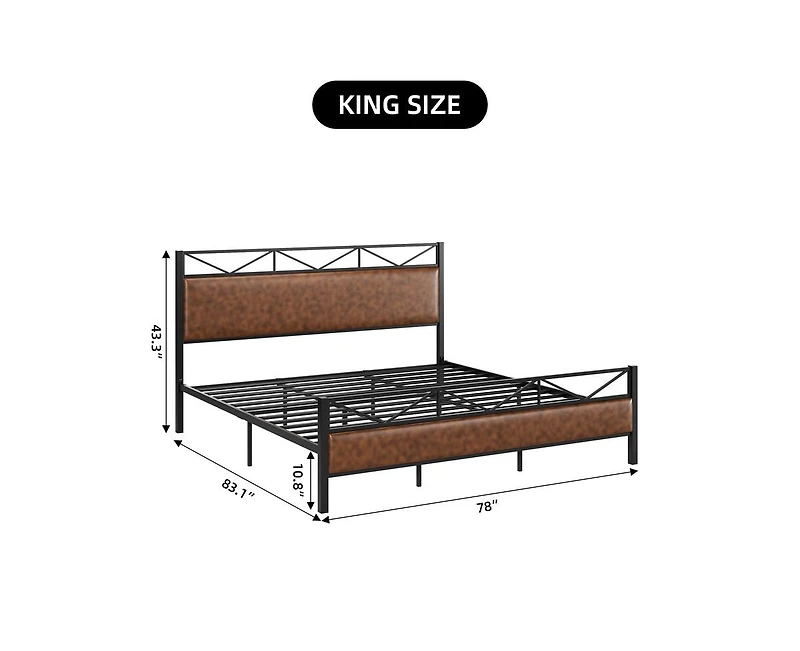 gaomon King Bed Frame, Metal Platform Bed Frame with Rustic Vintage Soft-breaded Headboard and Footboard, Noise Free, No Box Spring Needed, Easy Assem