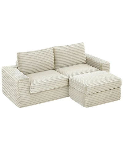 Luxurious Sectional Sofa,Corduroy L-Shaped Couch with Movable Ottoman, Oversized Comfy Couch with Zippered Backrest (Beige)