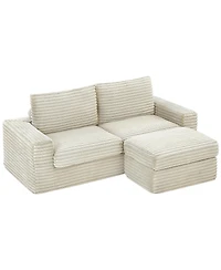 Luxurious Sectional Sofa,Corduroy L-Shaped Couch with Movable Ottoman, Oversized Comfy Couch with Zippered Backrest (Beige)