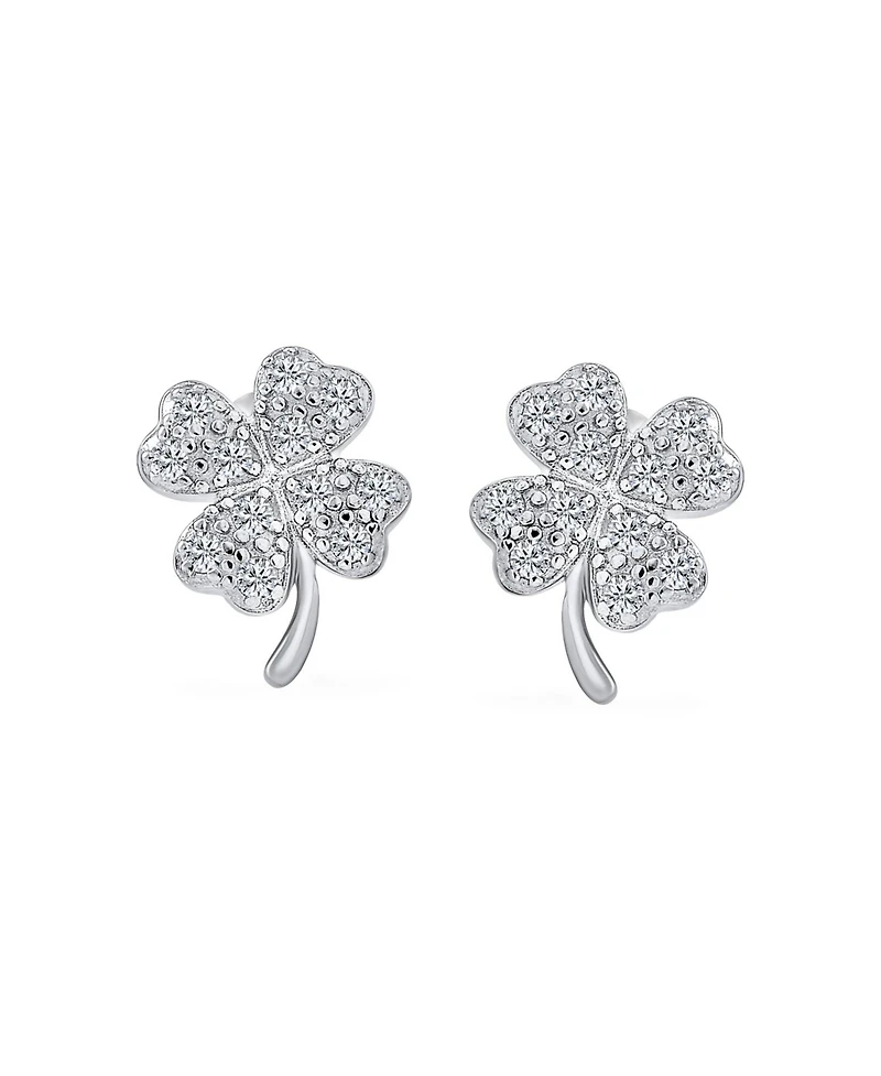 Bling Jewelry Luck of the Irish Shamrock Pave Cz Four Leaf Clover Stud Earrings .925 Sterling Silver