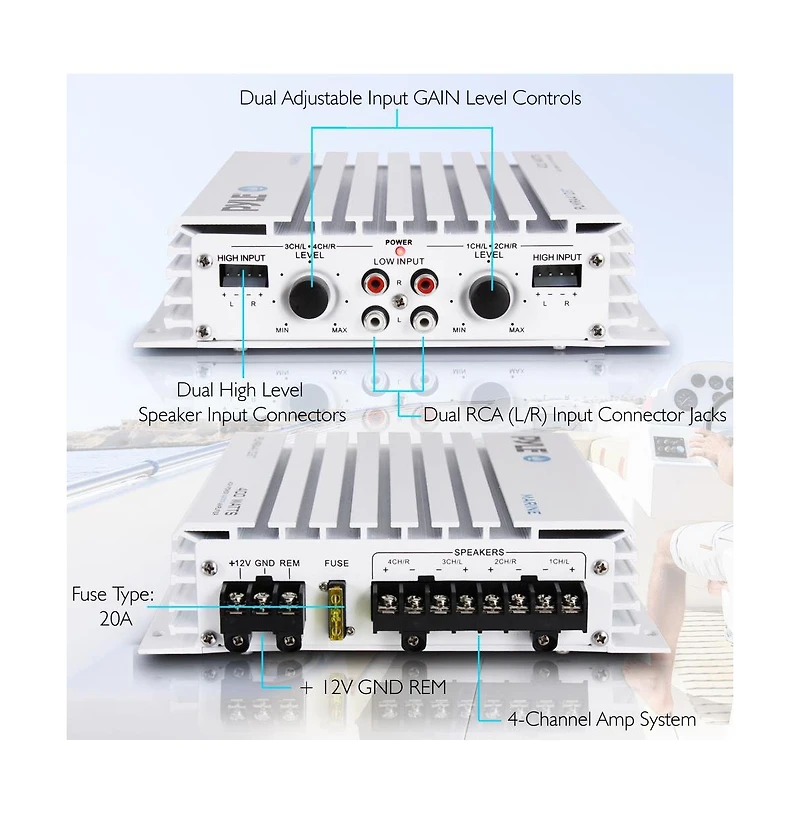 Pyle 4-Channel Marine Bluetooth Amplifier - 400 Watt Waterproof