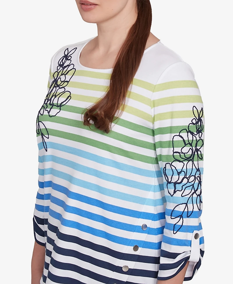 Ruby Rd. Petite Striped Embellished Three Quarter Sleeve Top