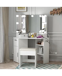 gaomon White Corner Vanity Set, Small Makeup Table with Upholstered Stool