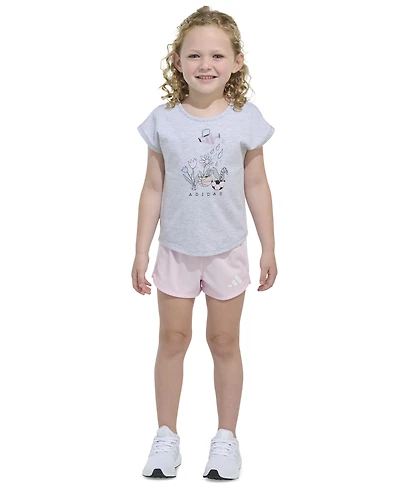 adidas Toddler & Little Girls Short-Sleeve Graphic Heather T-Shirt & Mesh Shorts, 2 Piece Set
