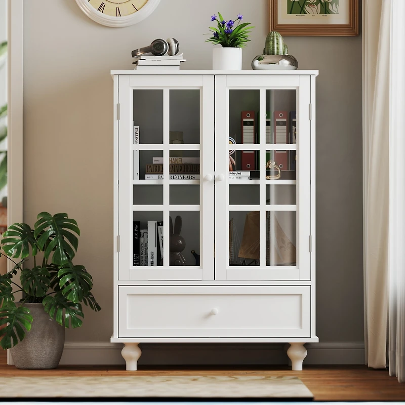 Minimalist White Buffet Cabinet with Double Glass Doors and Drawer, Modern Wooden Storage Sideboard Cupboard for Living room, Dining Room Hallway Entr