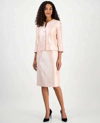 Le Suit Women's Collarless Three-Button 3/4-Sleeve Jacket & Slim Skimmer Skirt Set, Regular & Petite