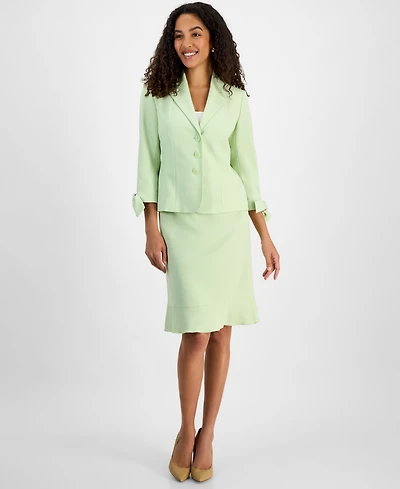 Le Suit Women's Three-Button Tie-Cuff Jacket & Flounce-Hem Skirt Set, Regular Petite