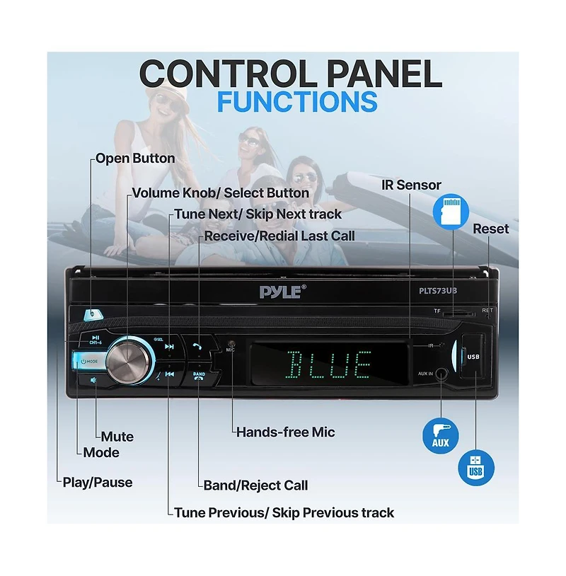 Pyle Single Din Car Stereo Receiver, 7 Motorized Touchscreen, Bluetooth, 320W