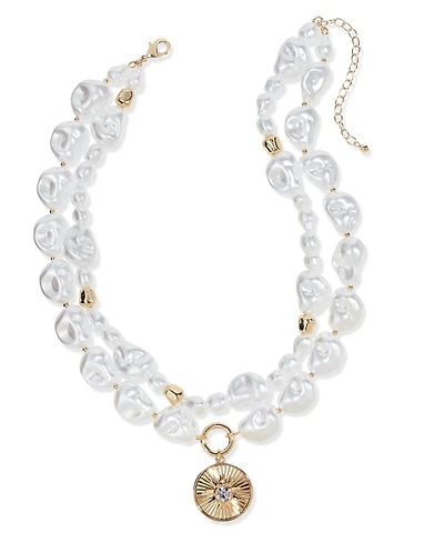 On 34th Gold-Tone Crystal Disc & Imitation Pearl Layered Pendant Necklace, 16" + 3" extender, Exclusively at Macy's