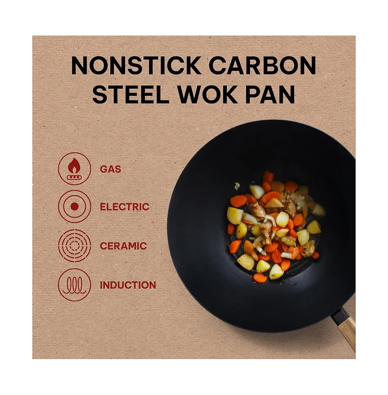 Alva Forest 12” Carbon Steel Wok Pan - Stay-Cool Acacia Handle