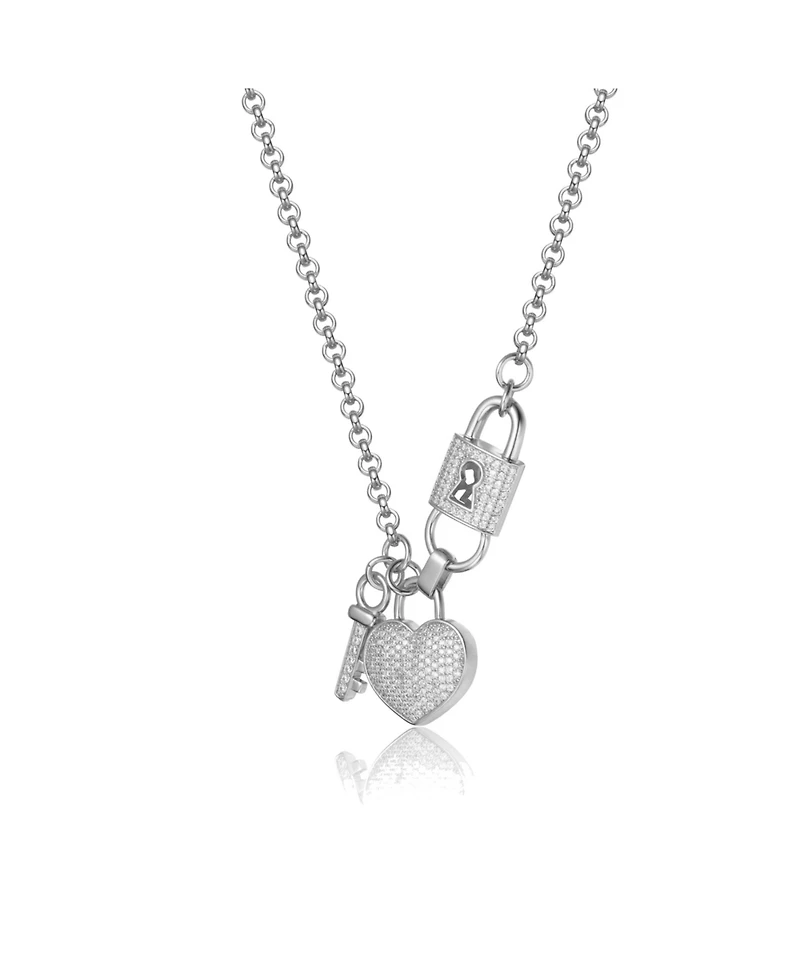 Genevive Sterling Silver White Gold Plated with Clear Cubic Zirconia Heart & Padlock Charm Necklace