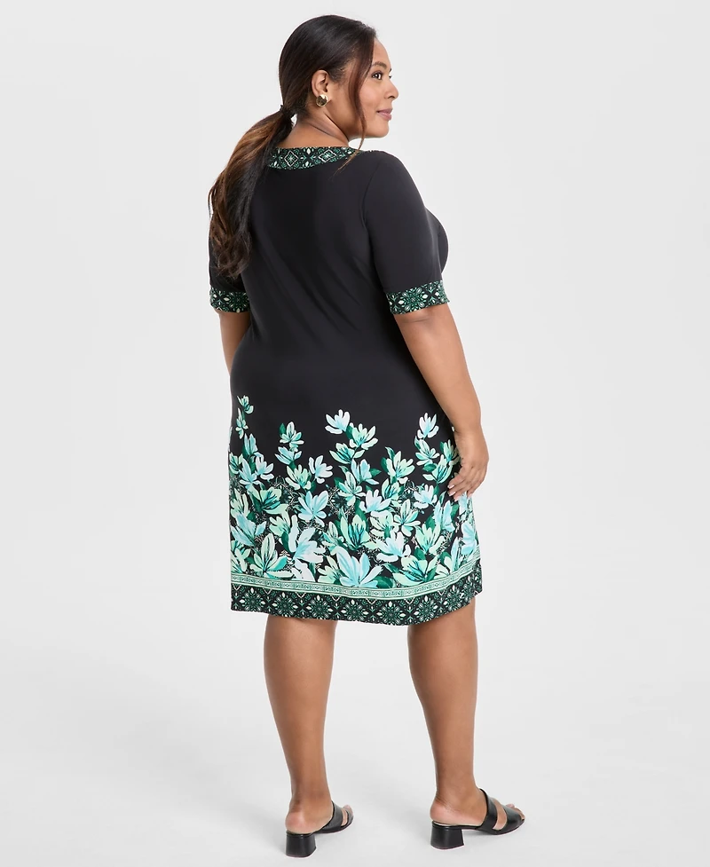 Jm Collection Plus Size Border-Print Short-Sleeve Shift Dress, Exclusively at Macy's