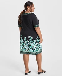 Jm Collection Plus Size Border-Print Short-Sleeve Shift Dress, Exclusively at Macy's