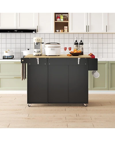 Boyel Living 45.4" Farmhouse Black Rolling Kitchen Cart on Wheels with Storage Cabinet