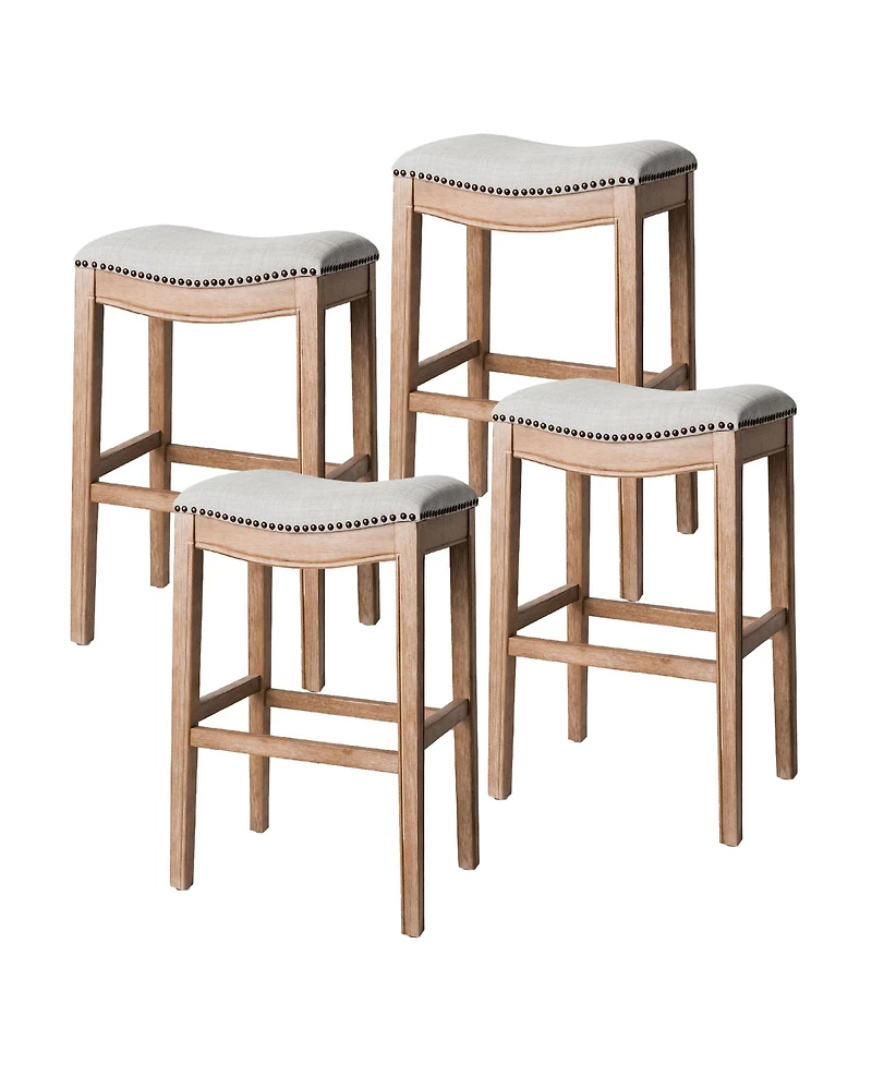 Maven Lane Adrien Saddle Bar Stool in Weathered Oak Finish w/ Sand Color Fabric Upholstery, Set of 4