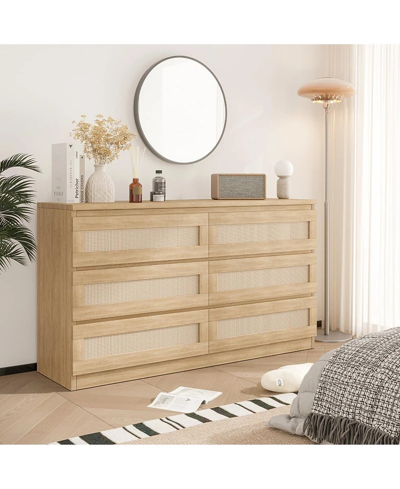gaomon Rattan Dresser for Bedroom, Modern 6 Drawer Double Dresser with Anti-Tip Kit