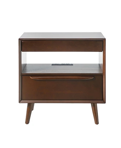 Jeraldo Mid-Century Modern 2-Drawer Nightstand with Built-In Outlets and Wooden Handle