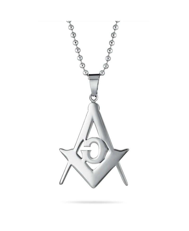 Bling Jewelry Large Freemason Secret Society Square Compass Masonic Symbol Pendant Necklace Stainless Steel With Bead Chain