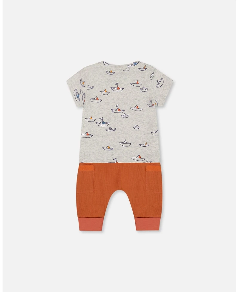 Deux par Deux Baby Boys Organic Cotton Top And Muslin Pant Set Paper Boats And Terracotta