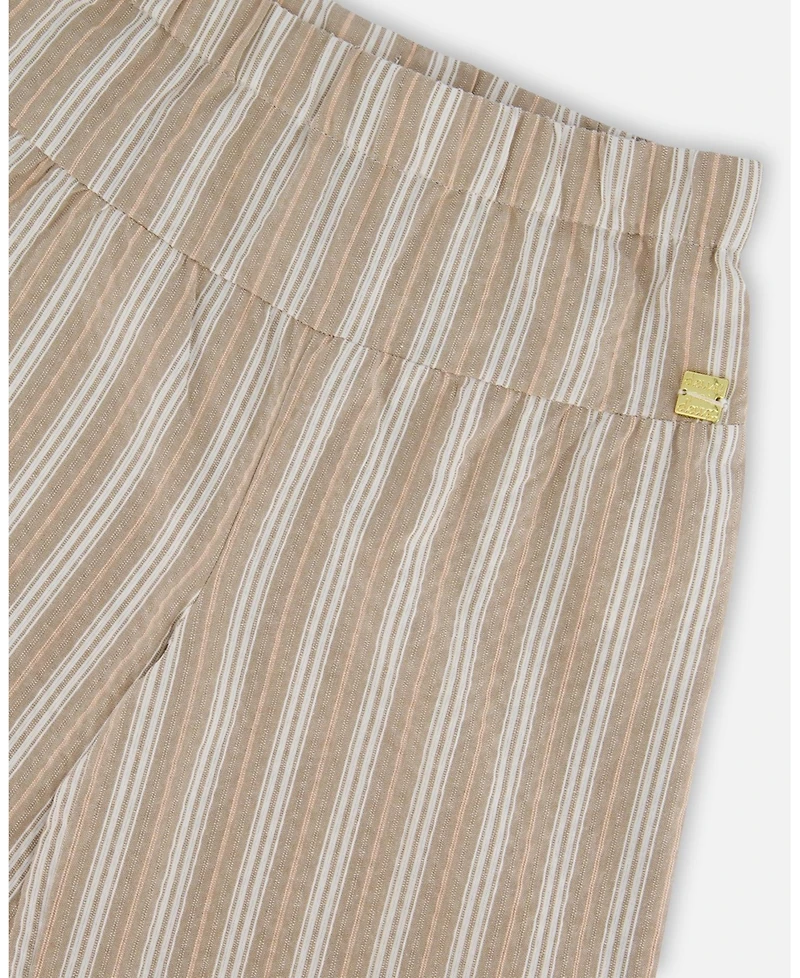 Deux par Deux Toddler Girls Wide Leg Capri Linen Pant White And Sage Striped - Toddler|Child