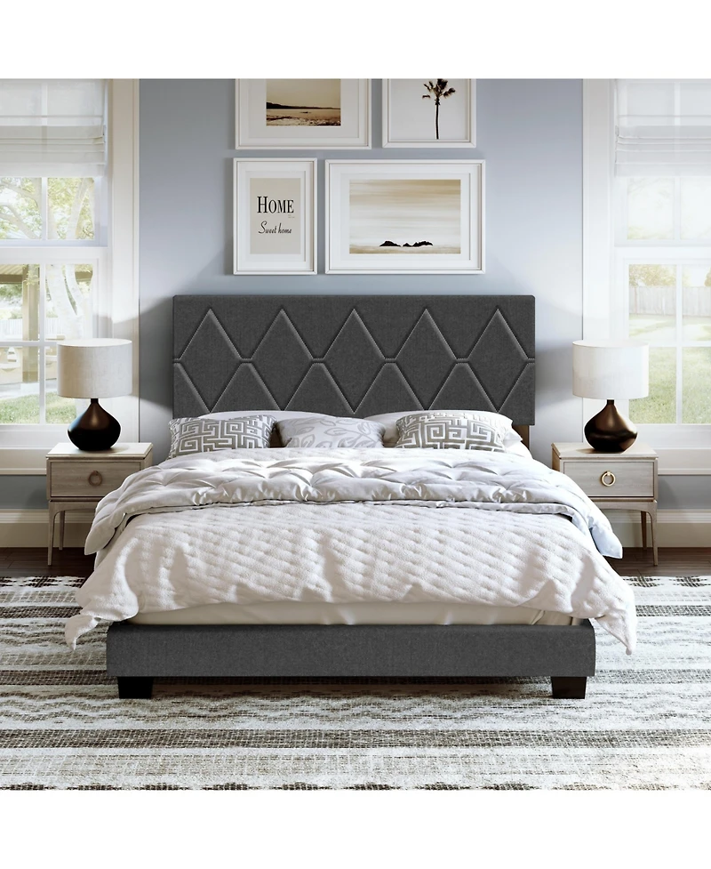 Boyd Sleep Rhombus Upholstered Platform Bed with Headboard, Mattress Foundation Strong 4 Wood Slat Supports, Box Spring Required
