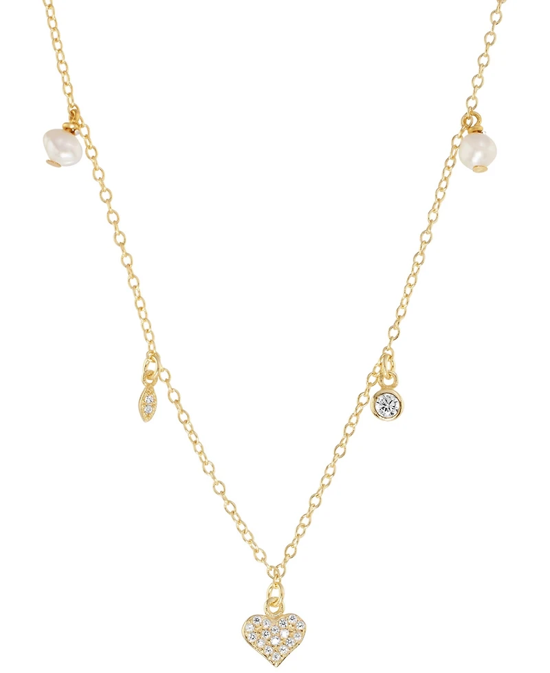 Freshwater Pearl (4mm) & Cubic Zirconia Heart Bezel Dangle Collar Necklace Sterling Silver, 16" + 2" extender (Also Available 14k Gold over St