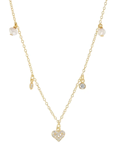 Freshwater Pearl (4mm) & Cubic Zirconia Heart Bezel Dangle Collar Necklace Sterling Silver, 16" + 2" extender (Also Available 14k Gold over St