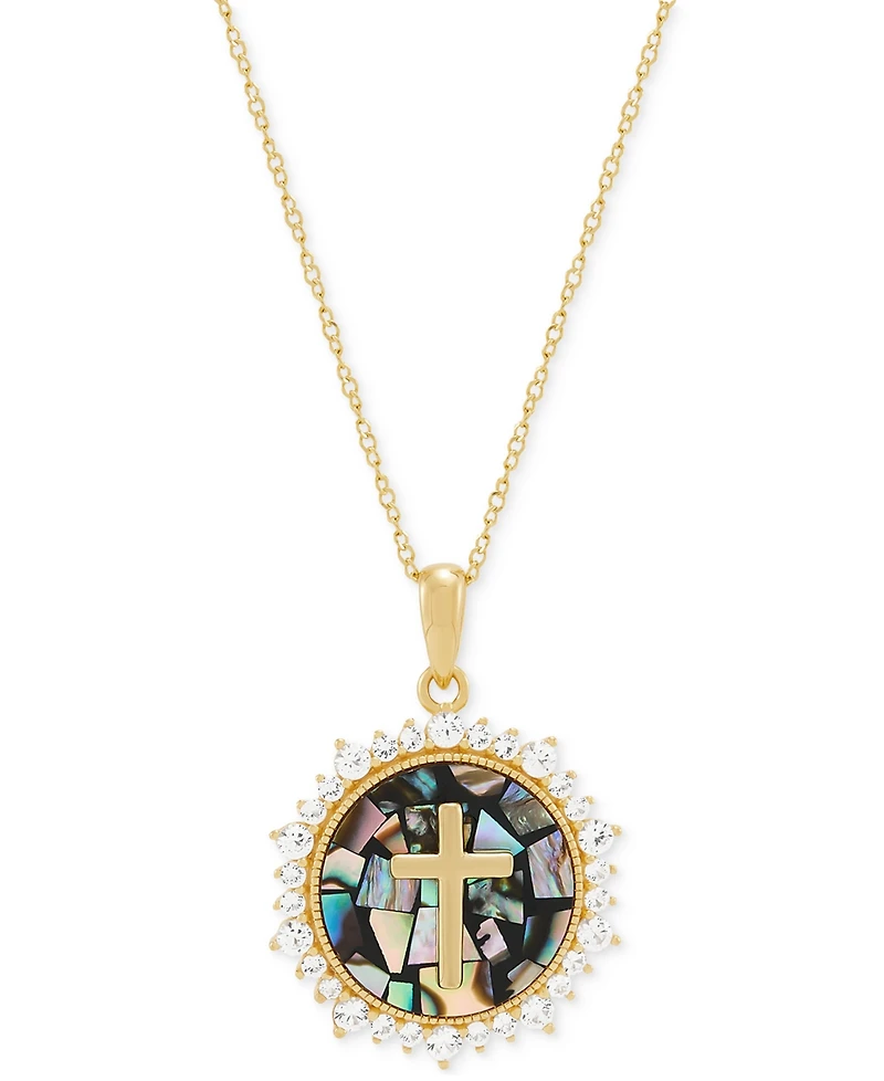Round Mosaic & Created White Sapphire Pendant Necklace (1/2 ct. t.w.) in 14k Gold-Plated Sterling Silver, 18" + 2" extender