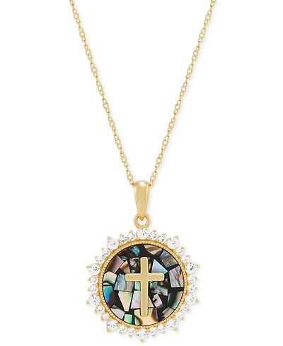 Round Mosaic & Created White Sapphire Pendant Necklace (1/2 ct. t.w.) in 14k Gold-Plated Sterling Silver, 18" + 2" extender