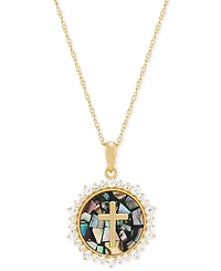 Round Mosaic & Created White Sapphire Pendant Necklace (1/2 ct. t.w.) in 14k Gold-Plated Sterling Silver, 18" + 2" extender