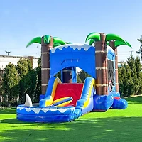 HeroKiddo Ocean Shark Commercial Grade Inflatable Bounce House Water Slide Combo with Attached Splash Pool (No Blower Included)