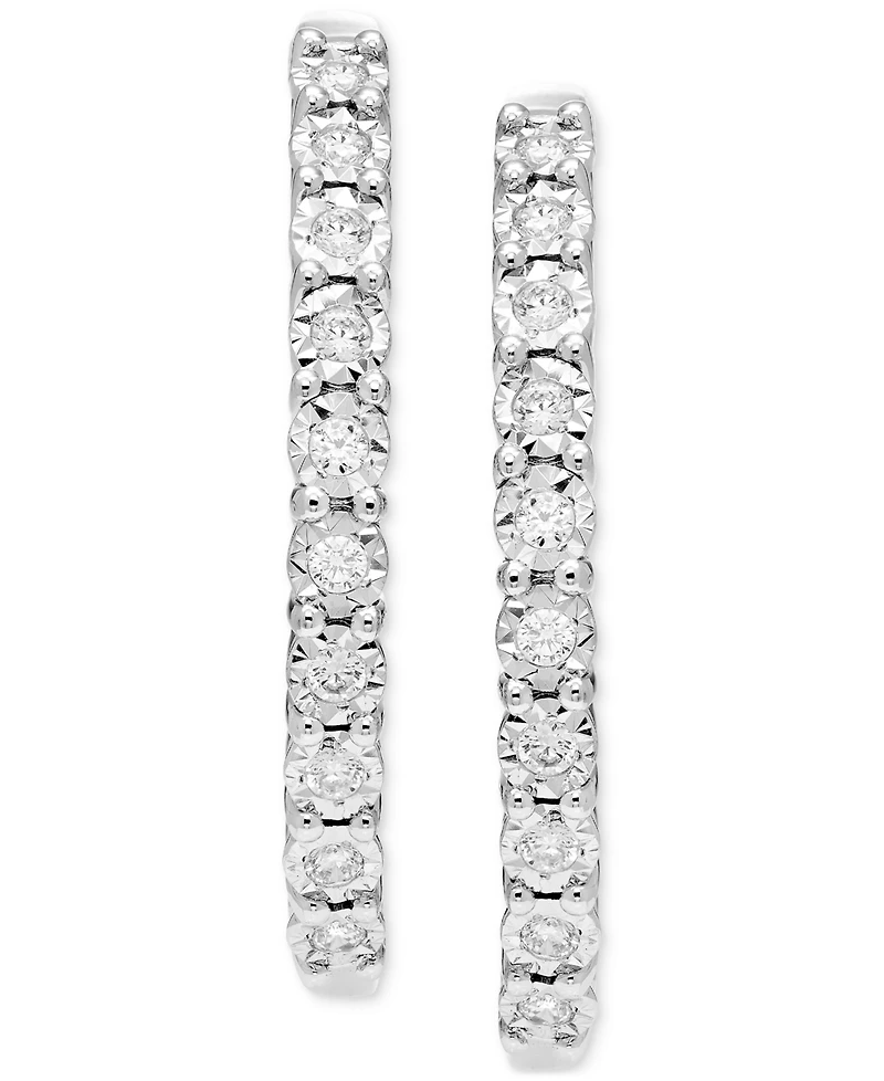 Diamond Sunray Textured Medium Hoop Earrings (1/2 ct. t.w.) in Sterling Silver. 1.3"