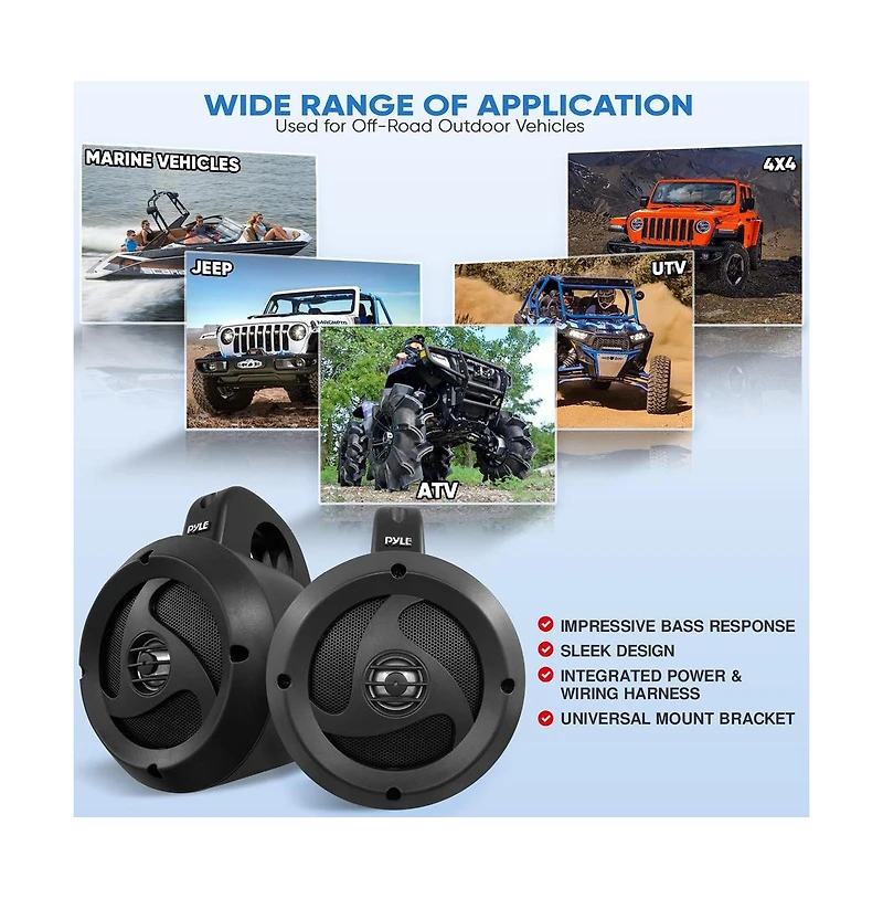 Pyle 4” Waterproof Off-Road Bluetooth Streaming Speakers, Amplified, 900W