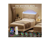 gaomon Upholstered Twin Bed Frame with Led Lights, Velvet Platform Bed Frame with Wing Back Storage Headboard, Wood Slats Support