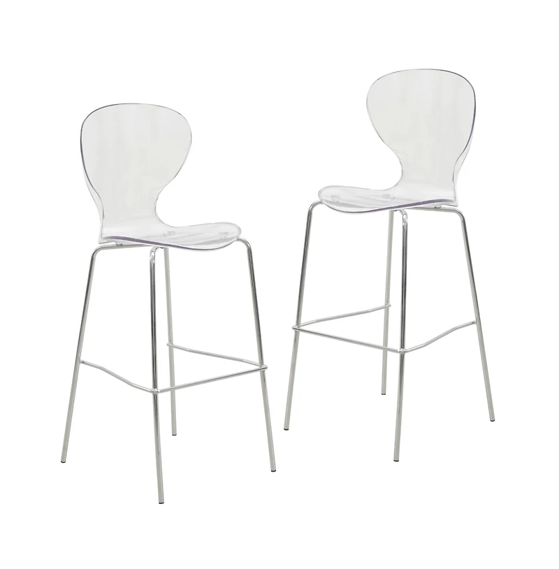 LeisureMod Oyster Acrylic Barstool with Steel Frame in Chrome Finish Set of 2 in Clear