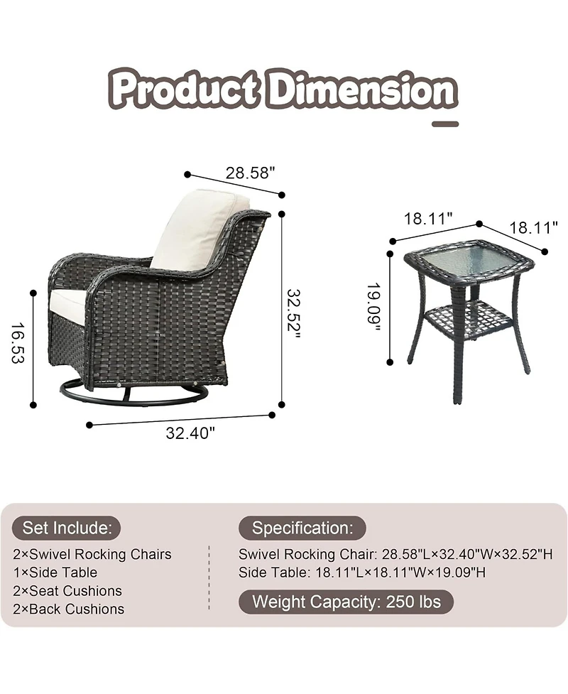 Xizzi Outdoor Swivel Rocker Chairs Set, 3 Piece Patio Bistro Set with 360 Degrees Rocking Chair and Side Table