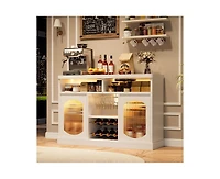 gaomon Modern Coffee Cabinet with Led Lights, White Bar Cabinet with 2 Glass Doors, Coffee Bar Cabinet with Adjustable Shelves, Wine Cabinet with Wine