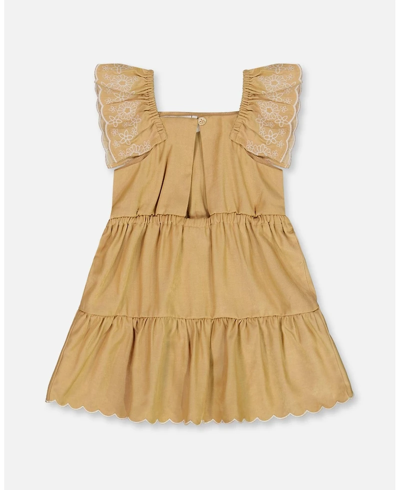 Deux par Baby Girls Chambray Dress With Embroidery Golden Beige