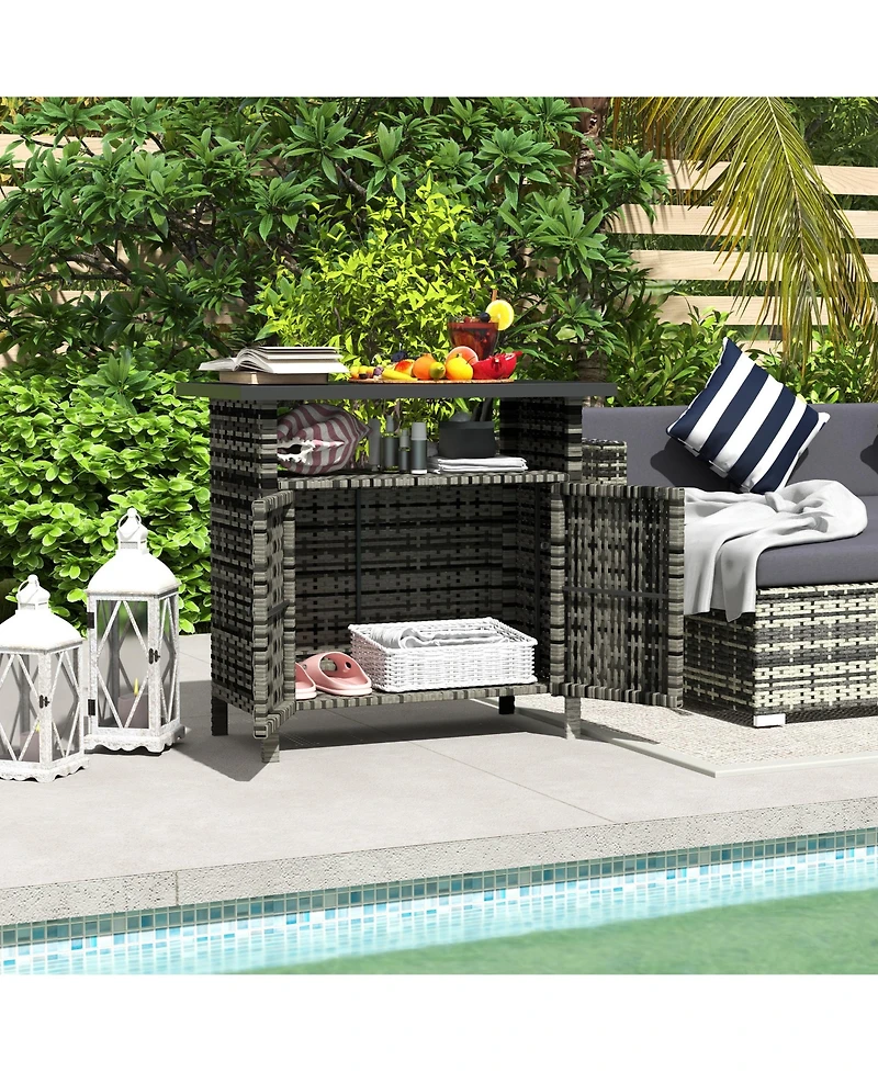 Outsunny Wicker Storage Cabinet, Outdoor Buffet Cabinet, Dark